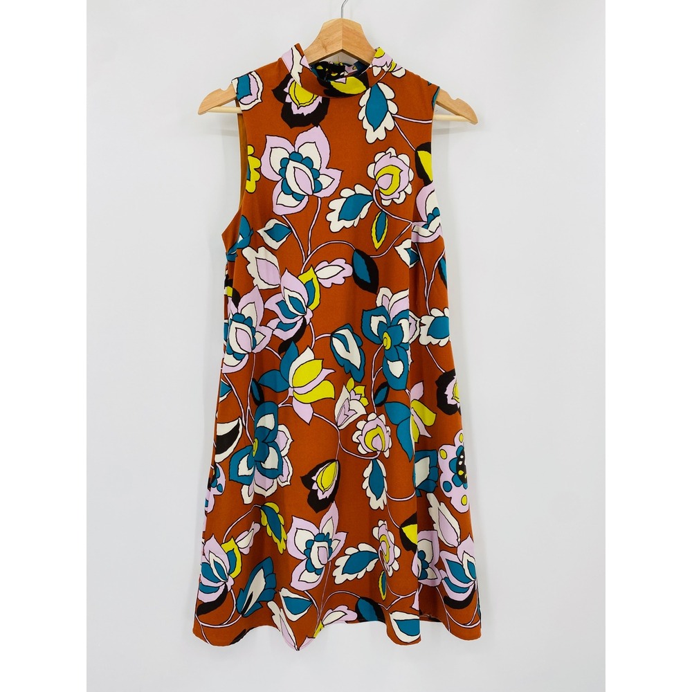 ModCloth Shift Dress Womens Small Orange Retro Floral Mock Neck Sleeveless